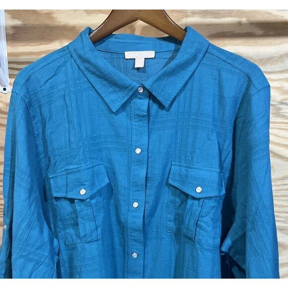 Woman Within Cotton Textured Pearl Snap Tunic Top Teal Green Sz 2X Oversized - Picture 4 of 12